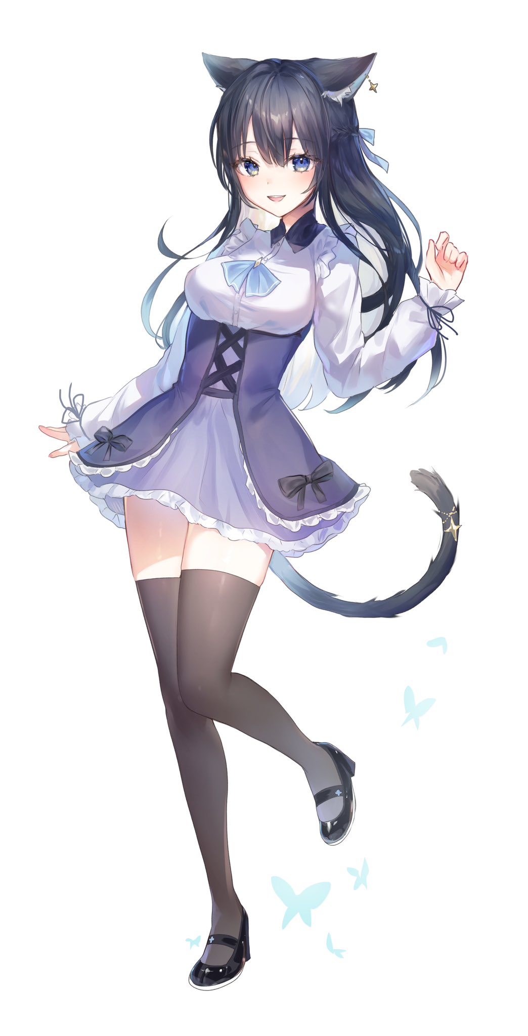 1girl animal_ears arm_at_side bangs black_footwear black_hair black_tail blue_bow blue_butterfly blue_eyes blush bow bowtie breasts brown_thighhighs bug butterfly cat_ears cat_girl cat_tail collared_shirt dot_nose dress frilled_dress frills full_body hair_bow hair_ornament high_heels highres leg_up long_hair long_sleeves medium_breasts open_mouth original outstretched_arm pudding_cream purple_dress shiny shiny_hair shirt sidelocks simple_background smile solo standing standing_on_one_leg tail teeth thigh-highs upper_teeth white_background white_shirt