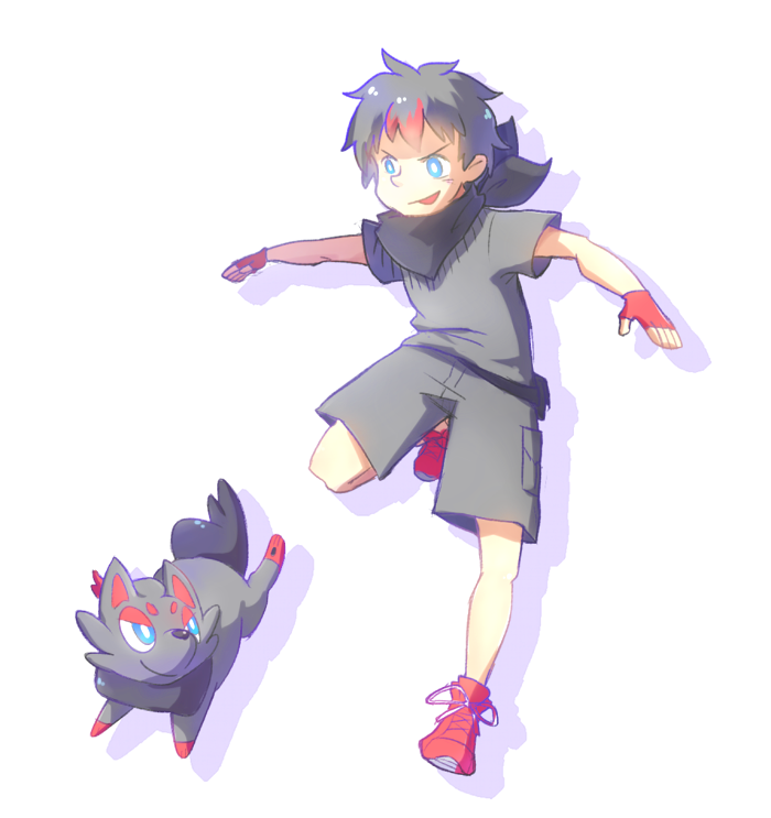ablob ascot black_hair blue_eyes child color_connection fingerless_gloves gloves humanization multicolored_hair pokemon pokemon_(anime) pokemon_(creature) red_ascot red_footwear solo white_background zorua