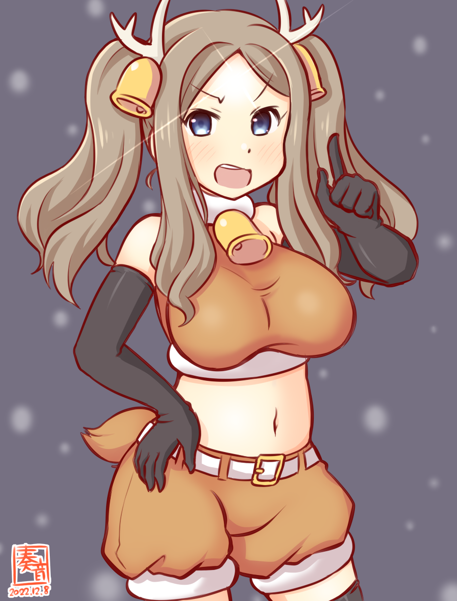 1girl alternate_breast_size alternate_costume animal_costume antlers artist_logo asakaze_(kancolle) bell black_gloves blue_eyes breasts cowboy_shot crop_top dated elbow_gloves gloves hair_ornament horns jingle_bell kanon_(kurogane_knights) kantai_collection light_brown_hair long_hair medium_breasts one-hour_drawing_challenge open_mouth reindeer_antlers reindeer_costume shorts simple_background solo twintails wavy_hair
