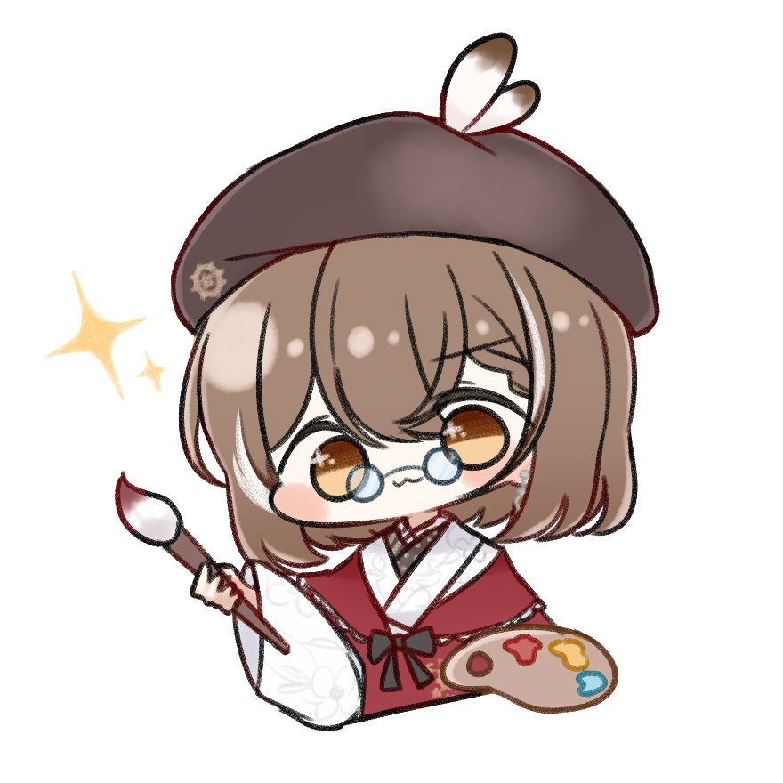 1girl :3 bangs beret bespectacled braid braided_bangs brown_eyes brown_hair chibi earrings floral_print glasses hat holding holding_paintbrush hololive hololive_english japanese_clothes jewelry kimono multicolored_hair nanashi_mumei official_alternate_costume paintbrush palette_(object) print_kimono red_shawl ribbon shawl short_hair single_earring sparkle streaked_hair vinca_99 virtual_youtuber white_kimono wide_sleeves