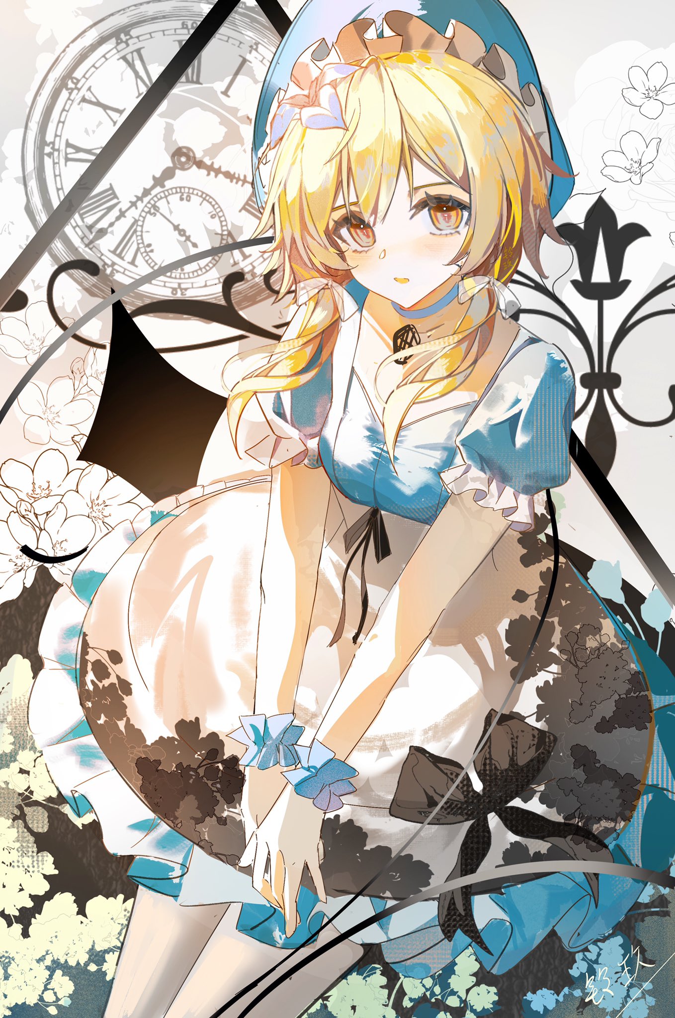 1girl alternate_costume apron blonde_hair blue_dress blue_headwear bonnet bow clock dress flower frilled_cuffs genshin_impact hair_bow highres looking_at_viewer low_twintails lumine_(genshin_impact) parted_lips solo twintails white_apron white_bow white_flower wrist_cuffs yellow_eyes zc_ling