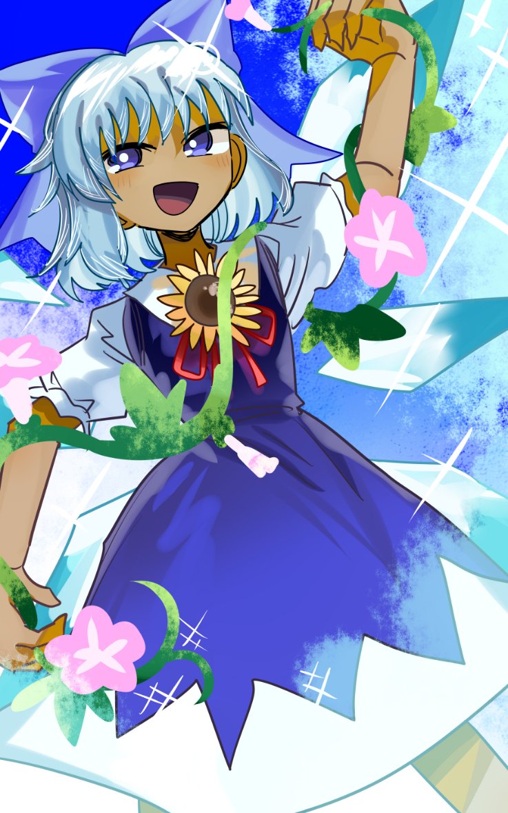 1girl :d asuku_(69-1-31) blue_bow blue_dress blue_eyes blue_hair bow bright_pupils cirno detached_wings dress flower hair_bow ice ice_wings looking_at_viewer open_mouth pinafore_dress pink_flower shirt short_hair short_sleeves smile solo sunflower tan tanned_cirno touhou white_pupils white_shirt wings