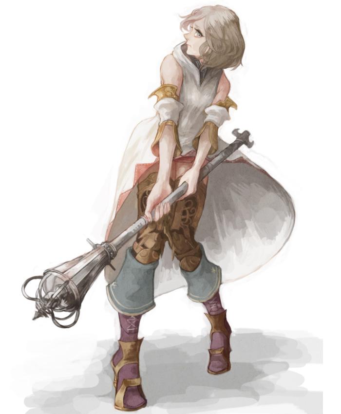 1girl ashelia_b'nargin_dalmasca blonde_hair breasts closed_mouth detached_sleeves final_fantasy final_fantasy_xii full_body looking_at_viewer miniskirt pr_(puru) robe short_hair simple_background skirt solo staff thigh-highs weapon white_background white_mage