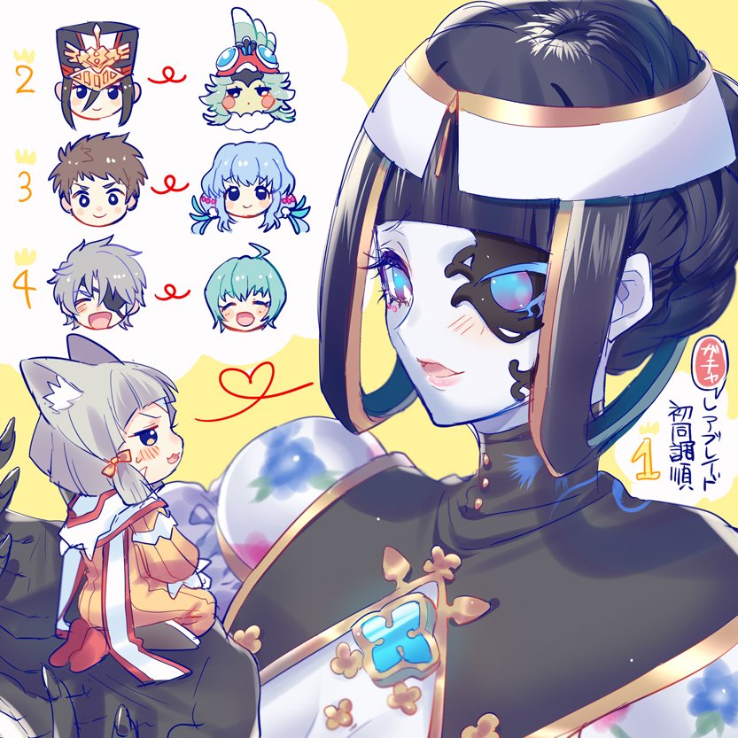 1other 2boys 4girls :d ahoge animal_ears bangs black_gloves black_hair blue_eyes brown_eyes brown_hair cat_ears cat_girl character_request chibi dress eyepatch full_body gloves green_hair grey_hair himeno345 jumpsuit looking_at_another morag_ladair_(xenoblade) multiple_boys multiple_girls nia_(xenoblade) open_mouth rex_(xenoblade) seiza short_hair sitting smile xenoblade_chronicles_(series) xenoblade_chronicles_2 yellow_background yellow_jumpsuit zeke_von_genbu_(xenoblade)