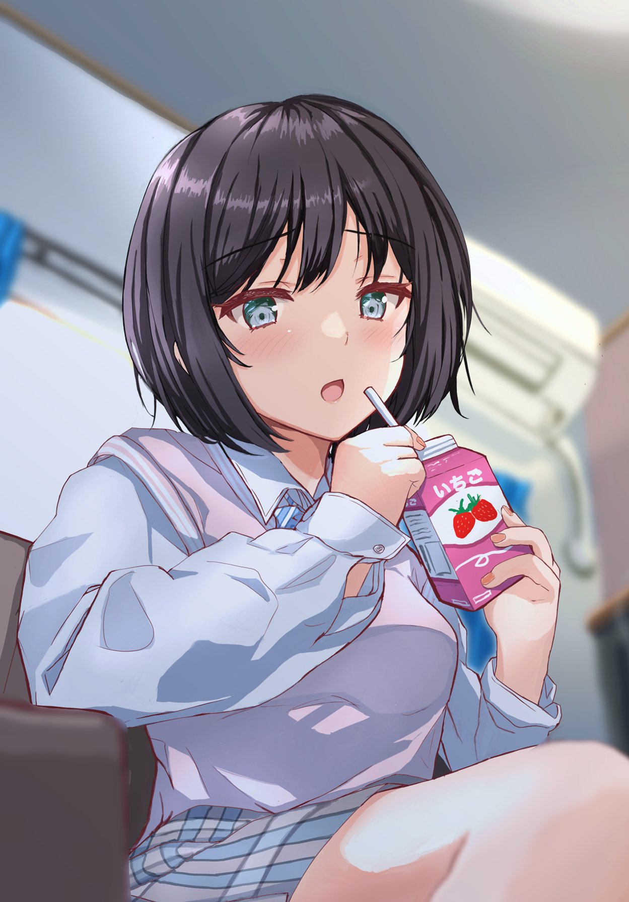 1girl :o air_conditioner armchair bangs black_hair blue_bow blue_bowtie blue_eyes blue_skirt blurry blurry_background blush bob_cut bow bowtie breasts brown_sweater_vest chair commentary depth_of_field diagonal-striped_bowtie dress_shirt drink drinking_straw food from_below fruit fushimi_asuha highres holding holding_drink large_breasts living_room long_sleeves looking_at_viewer milk_carton open_mouth original raised_eyebrows school_uniform shirt short_hair sitting skirt solo strawberry strawberry_milk sweater_vest translated two-tone_bowtie two-tone_skirt white_bow white_bowtie white_shirt white_skirt