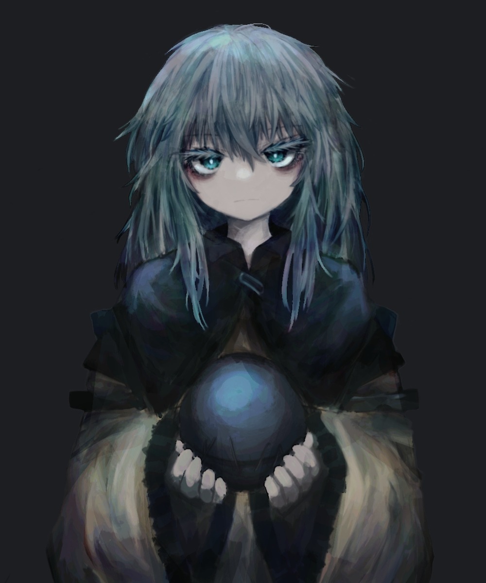 1girl :| bangs black_background black_capelet bright_pupils buttons capelet closed_mouth diamond_button eyeball frilled_sleeves frills green_eyes grey_hair highres holding_eye komeiji_koishi light_frown long_sleeves looking_at_viewer medium_hair no_headwear reverinth shirt solo third_eye touhou upper_body wide_sleeves yellow_shirt