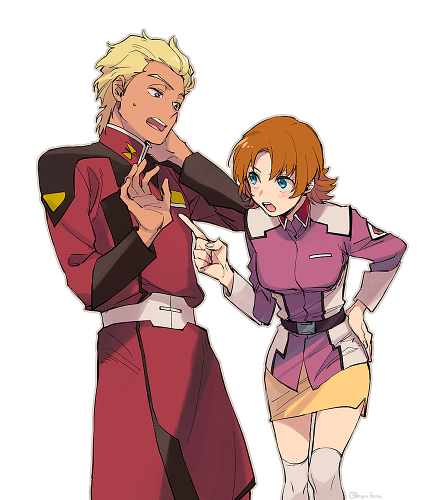 1boy 1girl bangs blonde_hair blue_eyes breasts brown_hair cowboy_shot dearka_elsman gundam gundam_seed hair_slicked_back hand_on_hip hand_on_own_neck jacket leaning_forward long_sleeves looking_at_another medium_breasts military military_uniform miriallia_haw open_mouth parted_bangs pencil_skirt pink_jacket pointing pointing_at_another red_jacket short_hair skirt sweatdrop tan uniform wakaya_hana white_background yellow_eyes yellow_skirt