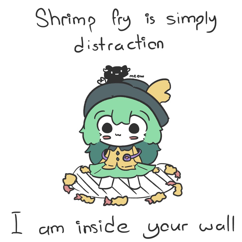 1girl animal_on_head black_eyes black_headwear blouse buttons cat cat_on_head chibi commentary diamond_button english_commentary english_text eyeball food full_body green_hair green_skirt hat hat_ribbon kaenbyou_rin kaenbyou_rin_(cat) komeiji_koishi kourihase long_sleeves medium_hair on_head ribbon shirt shrimp shrimp_tempura simple_background skirt solo tempura third_eye touhou white_background yellow_ribbon yellow_shirt