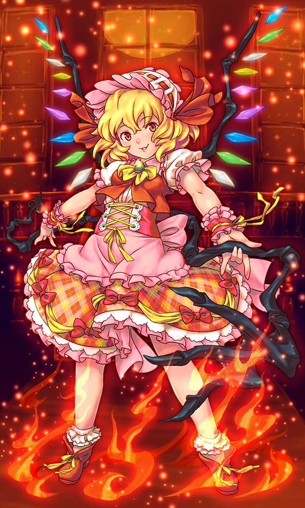 1girl adapted_costume apron back_bow blonde_hair bow breasts brooch collared_shirt fire flandre_scarlet frilled_apron frilled_shirt_collar frilled_skirt frilled_sleeves frilled_socks frills full_body green_brooch hair_between_eyes hat head_tilt holding holding_polearm holding_weapon jewelry laevatein_(touhou) looking_at_viewer medium_hair mob_cap multicolored_wings orange_theme petticoat pink_apron pink_bow polearm puffy_short_sleeves puffy_sleeves red_eyes red_footwear red_ribbon red_skirt ribbon ribbon-trimmed_headwear ribbon_trim shirt shoelaces short_sleeves skirt small_breasts socks solo touhou user_ewsh4383 waist_apron weapon white_headwear white_shirt white_socks wings wrist_cuffs