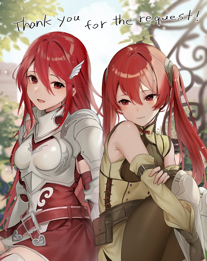 2girls armor armored_boots armored_dress bangs bare_shoulders belt boots breastplate brown_belt brown_gloves commission cordelia_(fire_emblem) day detached_sleeves dress english_text fingerless_gloves fire_emblem fire_emblem_awakening gauntlets gloves hair_between_eyes hair_ornament hand_on_own_arm happy haru_(nakajou-28) long_hair looking_at_another mother_and_daughter multiple_girls pauldrons red_dress red_eyes redhead severa_(fire_emblem) shoulder_armor sitting thighs twintails