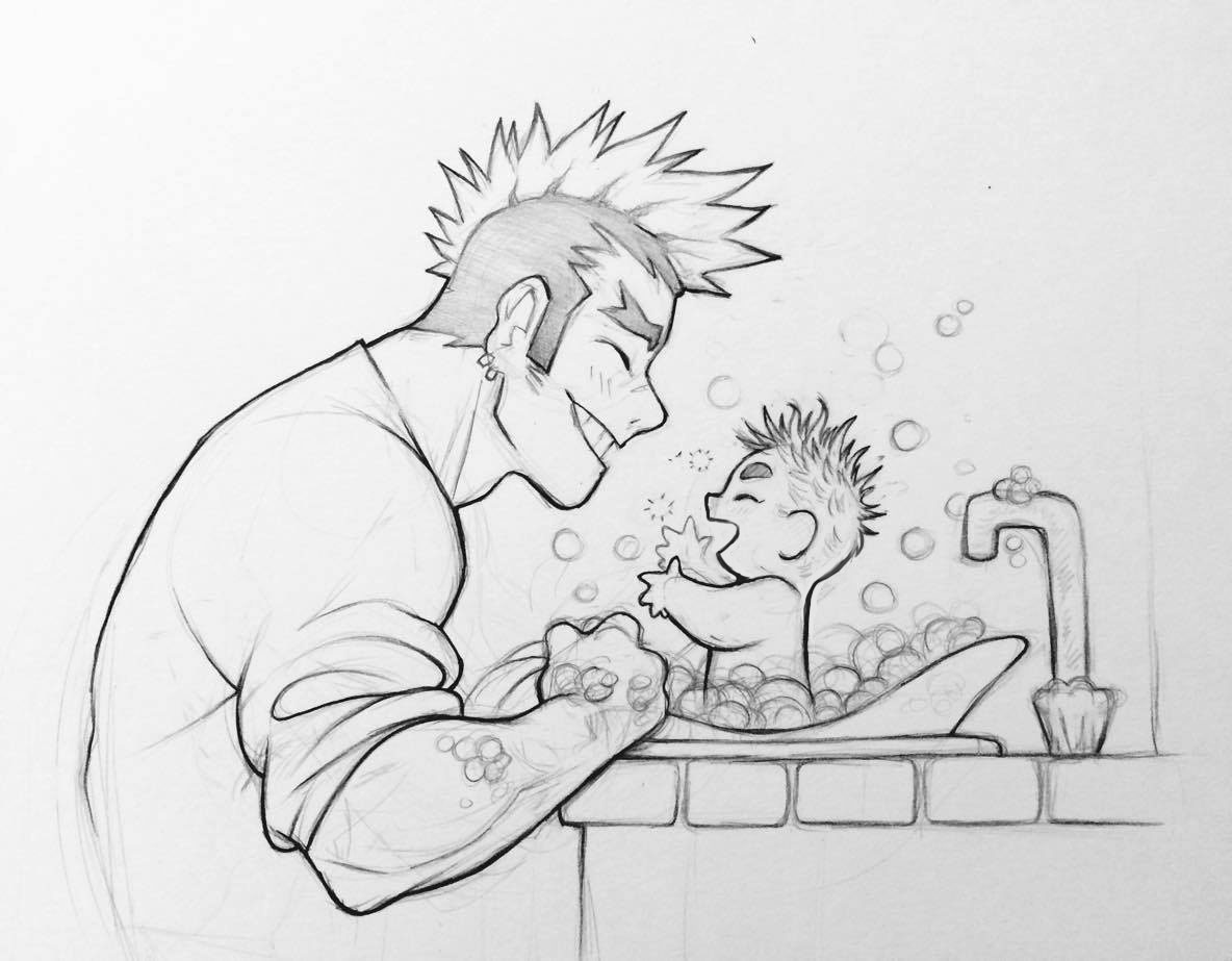 baby bandaid bandaid_on_face bandaid_on_nose bath blush bubble father_and_child fatherly foam graystripe64 happy if_they_mated kill_la_kill kinagase_tsumugu mohawk multicolored_hair sink sketch smile thick_eyebrows traditional_media two-tone_hair
