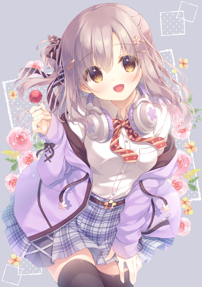 1girl :d black_thighhighs blue_skirt bow breasts brown_eyes brown_hair candy collared_shirt commentary_request diagonal-striped_bow dress_shirt floral_background flower food grey_background hair_bun headphones headphones_around_neck holding holding_candy holding_food holding_lollipop hood hood_down hooded_jacket jacket lollipop long_hair long_sleeves looking_at_viewer off_shoulder one_side_up open_clothes open_jacket original pink_flower pink_rose plaid plaid_skirt purple_jacket red_bow rose shirt single_side_bun skirt sleeves_past_wrists small_breasts smile solo thigh-highs white_shirt yellow_flower yukie_(peach_candy)