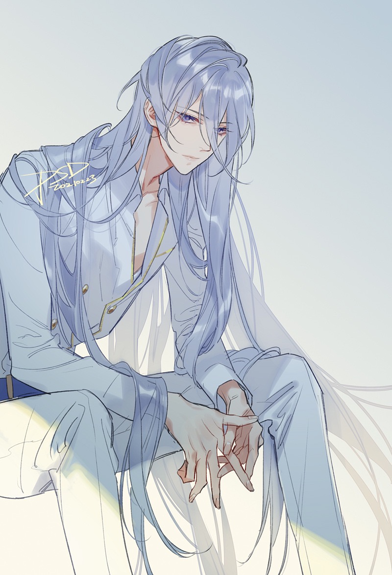 1boy artist_name bangs bishounen buttons closed_mouth collarbone dated double-breasted expressionless eyelashes feet_out_of_frame for_all_time gold_trim grey_hair hair_between_eyes jacket light_rays long_bangs long_hair long_sleeves looking_at_viewer male_focus pants psd_(psdgai) shiny shiny_hair sidelocks signature simple_background sitting solo very_long_hair violet_eyes white_background white_jacket white_pants yexuan