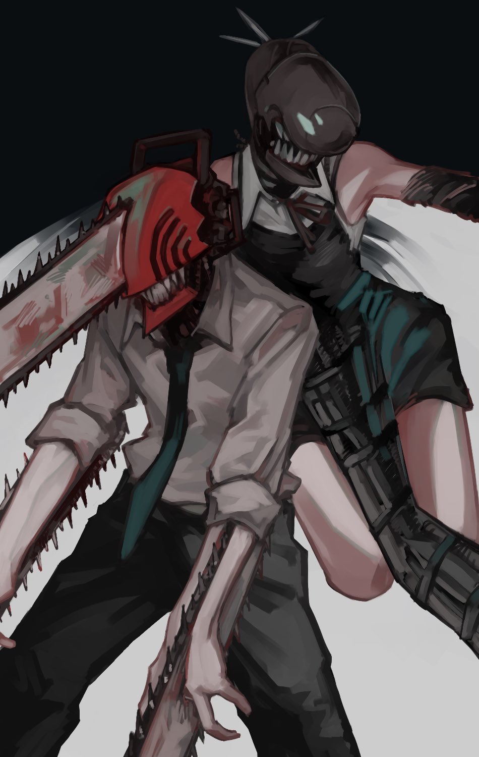 1boy 1girl black_ribbon blood blood_on_weapon bomb_devil_(chainsaw_man) chainsaw chainsaw_man collared_shirt denji_(chainsaw_man) elbow_gloves gloves highres nakano_(2_mannaka) necktie no_eyes nuclear_weapon pelvic_curtain reze_(chainsaw_man) ribbon sharp_teeth shirt shirt_tucked_in sleeveless sleeves_rolled_up teeth two-tone_background weapon white_shirt