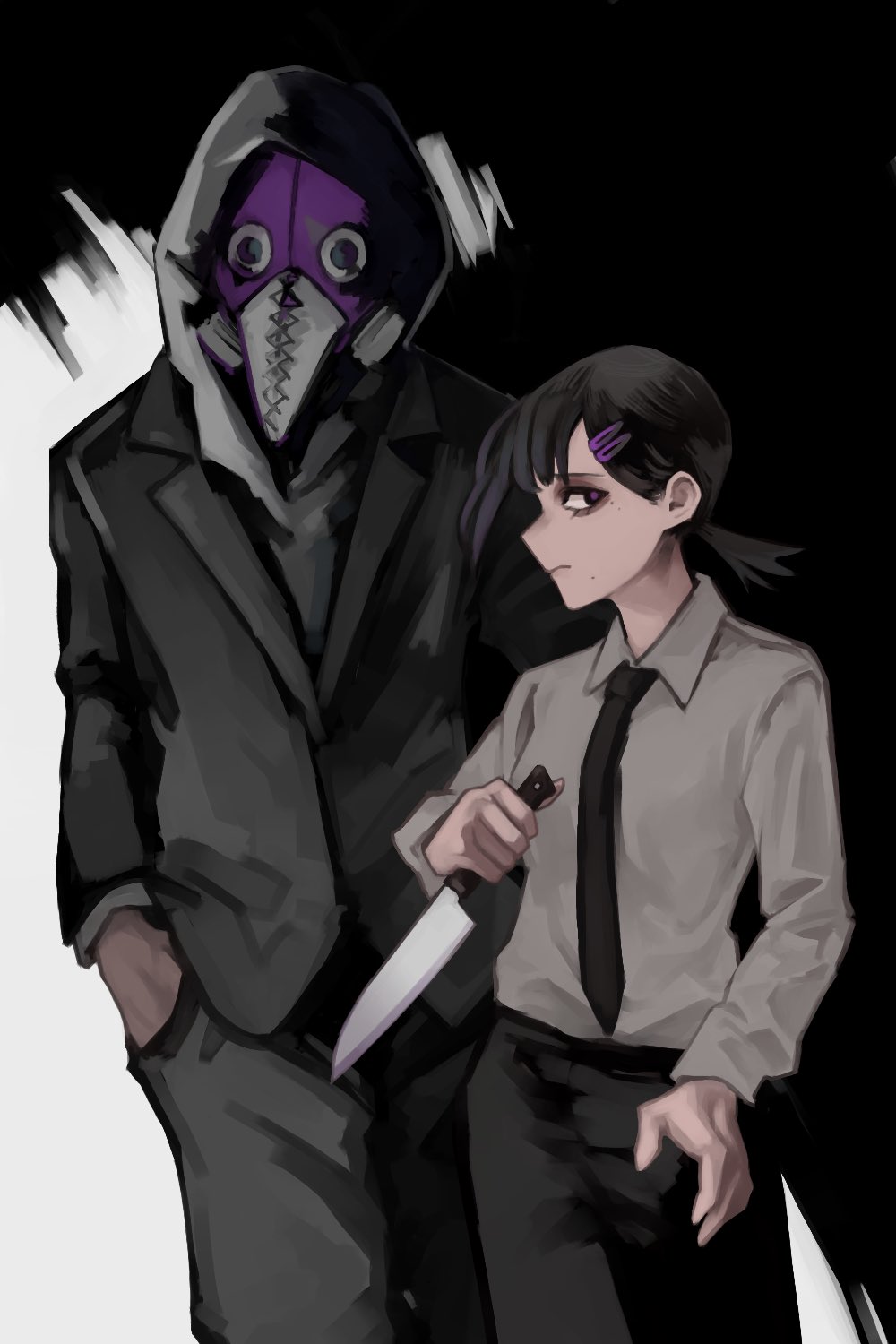 1boy 1girl black_hair black_jacket black_necktie chainsaw_man collared_shirt grey_hoodie hands_in_pockets higashiyama_kobeni highres holding holding_knife hood hooded_jacket hoodie jacket knife looking_at_viewer mole mole_under_mouth nakano_(2_mannaka) necktie shirt shirt_tucked_in short_hair short_ponytail sideways_glance single_sidelock two-tone_background violence_devil_(chainsaw_man) white_shirt