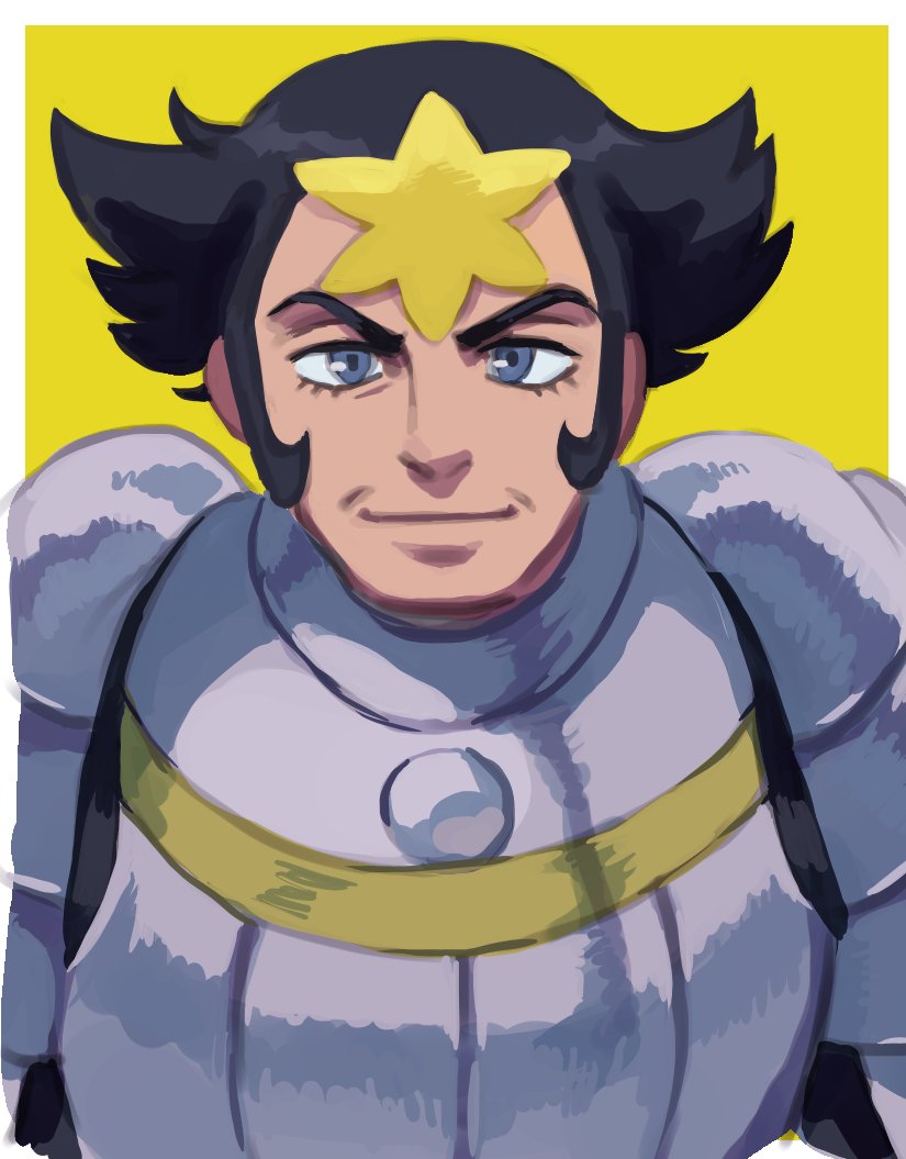 1boy armor black_hair border breastplate closed_mouth commentary_request elizabeth_(tomas21) eyelashes grey_eyes looking_at_viewer male_focus pokemon pokemon_(game) pokemon_xy shoulder_armor sideburns smile solo upper_body white_border wikstrom_(pokemon) yellow_background