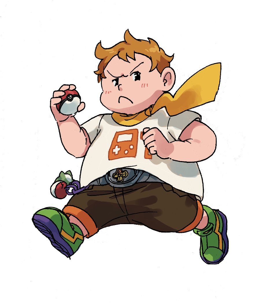 1boy bangs belt black_eyes blush brown_pants closed_mouth commentary_request elizabeth_(tomas21) frown green_footwear hand_up holding holding_poke_ball looking_to_the_side male_focus orange_hair pants poke_ball poke_ball_(basic) pokemon pokemon_(game) pokemon_sm scarf shirt shoes short_hair short_sleeves simple_background solo sophocles_(pokemon) t-shirt white_background white_shirt yellow_scarf