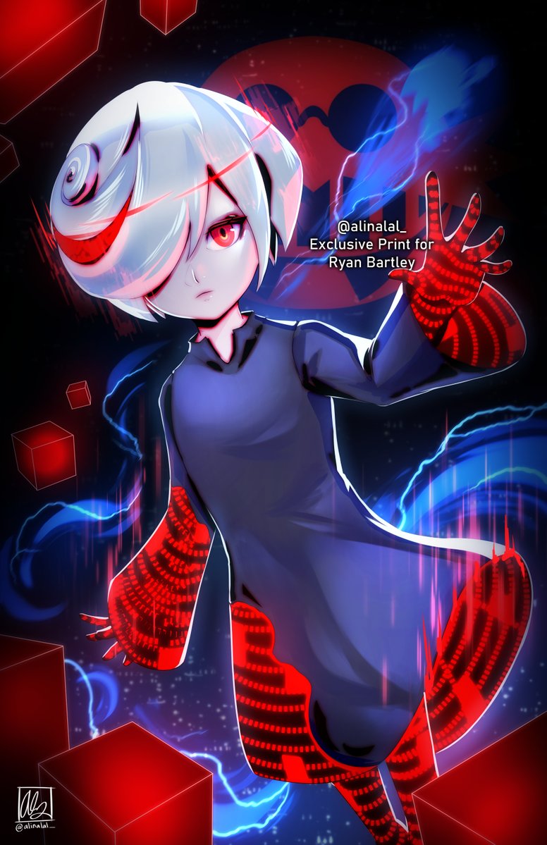 1girl alina_l black_dress closed_mouth dress expressionless glitch gloves hair_over_one_eye long_sleeves looking_at_viewer multicolored_hair one_eye_covered red_eyes redhead sage_(sonic) short_hair simple_background solo sonic_(series) sonic_frontiers white_gloves white_hair wide_sleeves