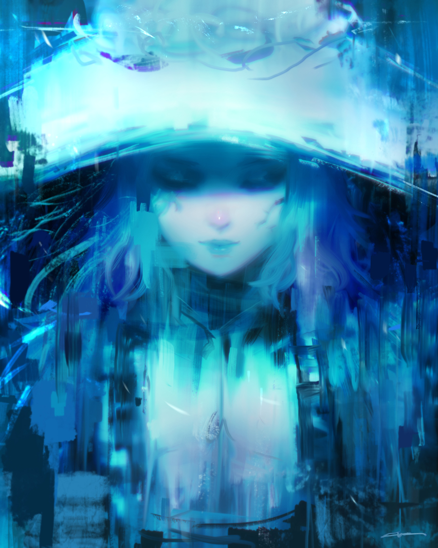 1girl alex_chow blue_dress blue_hair blue_headwear blue_lips blue_skin closed_eyes closed_mouth colored_skin commentary cracked_skin dress elden_ring facial_tattoo hat lips long_hair mixed-language_commentary portrait ranni_the_witch signature solo tattoo witch witch_hat