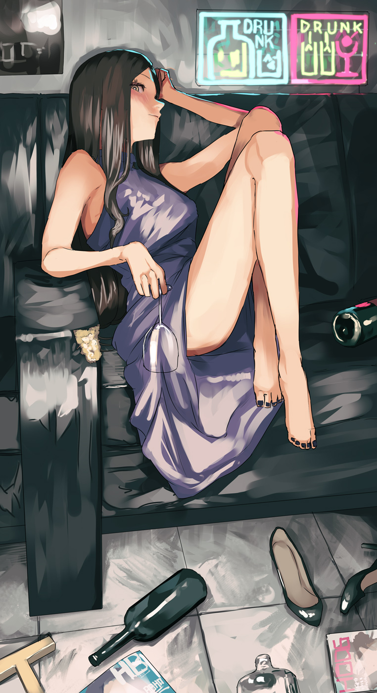 1girl bare_shoulders barefoot bottle breasts copyright_request couch cup dress drinking_glass high_heels highres holding idolmaster idolmaster_cinderella_girls long_hair looking_at_viewer messy_room nail_polish neon_lights sawarakajin solo wine_glass