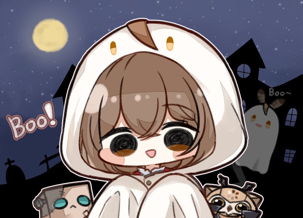 1girl :&lt; bangs bat_wings boomei_(nanashi_mumei) brown_eyes brown_hair buffering chibi friend_(nanashi_mumei) full_moon ghost_costume graveyard halloween hololive hololive_english hootsie_(nanashi_mumei) house moon multicolored_hair nanashi_mumei nut_(hardware) official_alternate_costume short_hair sky star_(sky) starry_sky streaked_hair tombstone triangle_mouth vinca_99 virtual_youtuber wings |_|