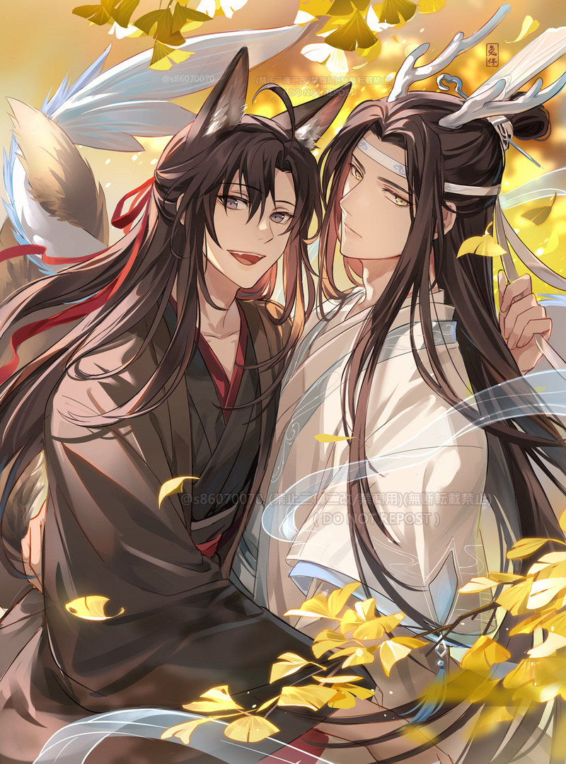 2boys ahoge animal_ear_fluff animal_ears artist_name bangs bishounen black_hair black_robe black_sash branch brown_eyes chinese_clothes closed_mouth collarbone commentary dragon_horns dragon_tail expressionless floating_hair fox_ears fox_tail ginkgo ginkgo_leaf hair_between_eyes hair_bun hair_ornament hair_ribbon hanfu headband horns kitsune lan_wangji leaf long_hair long_sleeves looking_at_viewer male_focus mo_dao_zu_shi multiple_boys open_mouth outdoors parted_bangs red_ribbon ribbon robe sash sidelocks single_hair_bun smile symbol-only_commentary tail teeth tree twitter_username upper_teeth usagishi very_long_hair watermark wei_wuxian white_headband white_robe wide_sleeves xiao_guan_(headdress) yellow_eyes