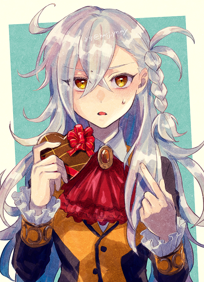 1girl antenna_hair ascot bangs blush braid brooch buttons candy chocolate commentary_request crossed_bangs fate/grand_order fate_(series) food frilled_sleeves frills grey_hair hair_between_eyes heart heart-shaped_chocolate hmsj_yr_my holding holding_chocolate holding_food index_finger_raised jewelry long_hair long_sleeves looking_at_viewer olga_marie_animusphere pointing pointing_at_self red_ascot side_braid solo sweatdrop very_long_hair yellow_eyes