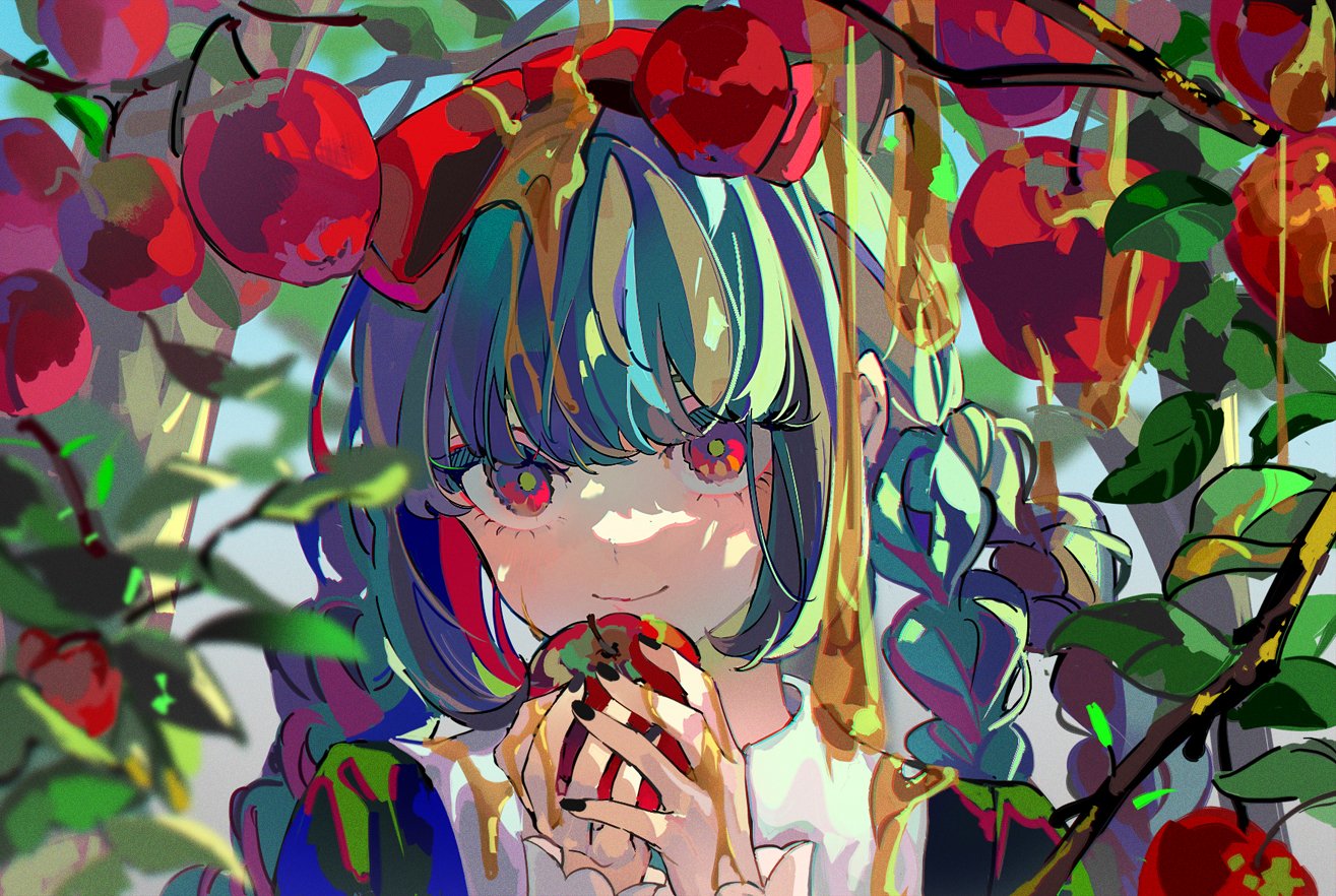 1girl apple bangs black_nails blue_hair blurry blurry_background blurry_foreground bow braid branch closed_mouth commentary_request copyright_request eyebrows_hidden_by_hair eyelashes food fruit green_pupils hair_between_eyes hair_bow hair_over_eyes hands_up holding holding_food holding_fruit leaf light_blush liquid long_hair looking_at_viewer lunar_(lunar_815) outdoors portrait quad_braids red_apple red_bow red_eyes sidelocks smile solo