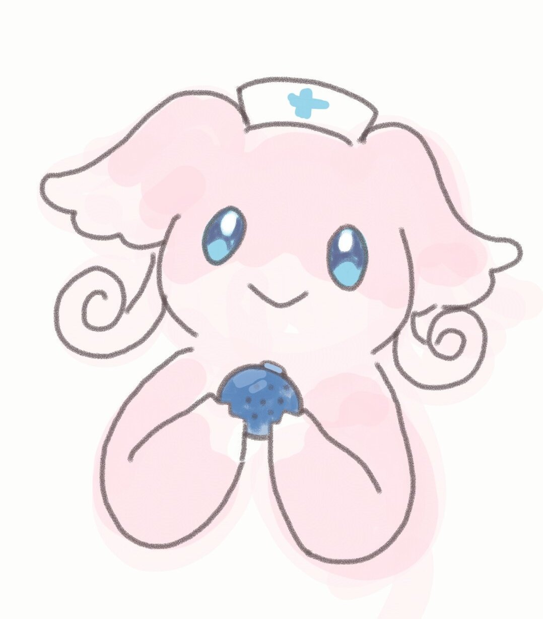 audino berry berry_(pokemon) blue_eyes closed_mouth clothed_pokemon commentary_request elizabeth_(tomas21) hat highres holding looking_at_viewer no_humans nurse_cap oran_berry pokemon pokemon_(creature) smile solo white_headwear