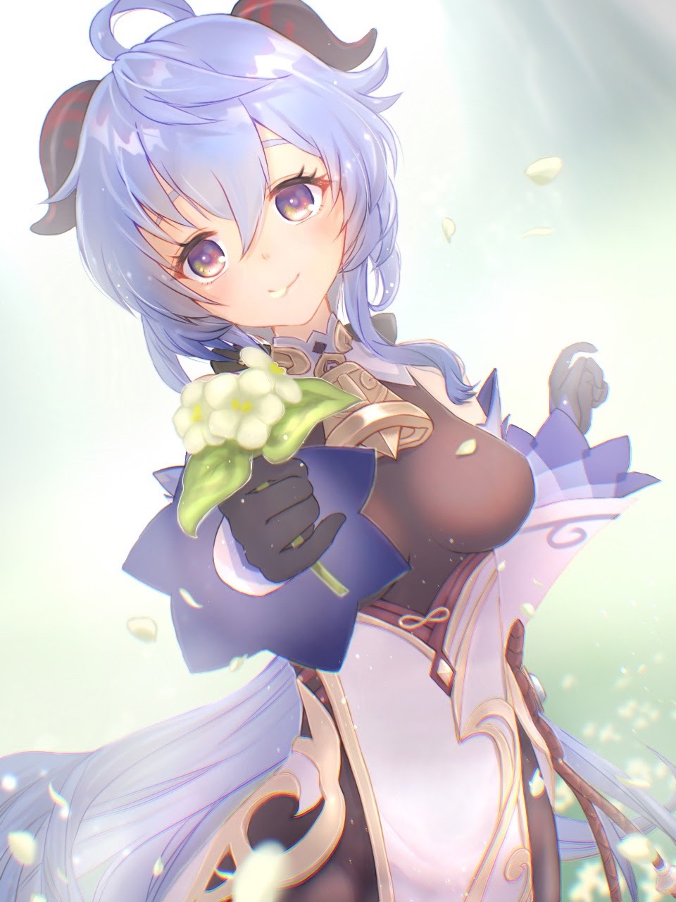 1girl ahoge bangs bare_shoulders bell black_gloves blue_hair blush breasts chinese_knot detached_sleeves eating_flower emu_(60-09) flower flower_knot ganyu_(genshin_impact) genshin_impact gloves gold_trim highres holding holding_flower horns kdmsato light_smile long_hair looking_at_viewer medium_breasts neck_bell petals petals_in_mouth pov qingxin_flower sidelocks solo tassel violet_eyes vision_(genshin_impact) white_flower white_sleeves