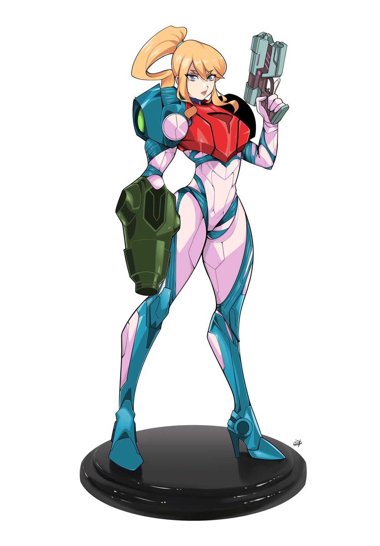 1girl arm_cannon armor bangs blonde_hair blue_eyes delux_drawings full_body glowing gun highres long_hair looking_at_viewer metroid metroid_dread mole mole_under_mouth ponytail power_armor power_suit power_suit_(metroid) samus_aran science_fiction simple_background solo weapon