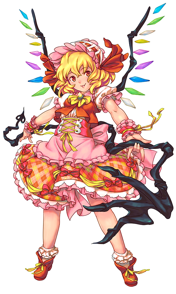 1girl adapted_costume apron back_bow blonde_hair bow breasts brooch collared_shirt flandre_scarlet frilled_apron frilled_shirt_collar frilled_skirt frilled_sleeves frilled_socks frills full_body green_brooch hair_between_eyes hat head_tilt holding holding_polearm holding_weapon jewelry laevatein_(touhou) looking_at_viewer medium_hair mob_cap multicolored_wings petticoat pink_apron pink_bow polearm puffy_short_sleeves puffy_sleeves red_eyes red_footwear red_ribbon red_skirt ribbon ribbon-trimmed_headwear ribbon_trim shirt shoelaces short_sleeves simple_background skirt small_breasts socks solo touhou user_ewsh4383 waist_apron weapon white_background white_headwear white_shirt white_socks wings wrist_cuffs