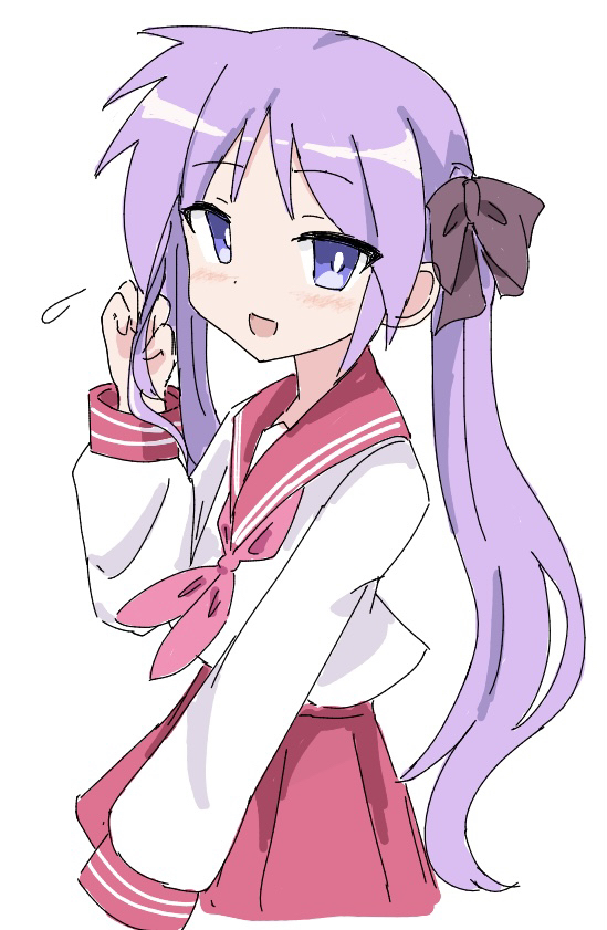 1girl bangs blush bow hair_ribbon hiiragi_kagami long_hair lucky_star mokoo43451177 mole mole_under_eye neckerchief open_mouth pleated_skirt purple_hair red_sailor_collar red_skirt ribbon ryouou_school_uniform sailor_collar school_uniform serafuku shirt sidelocks simple_background skirt smile solo sweatdrop twintails violet_eyes white_background white_shirt
