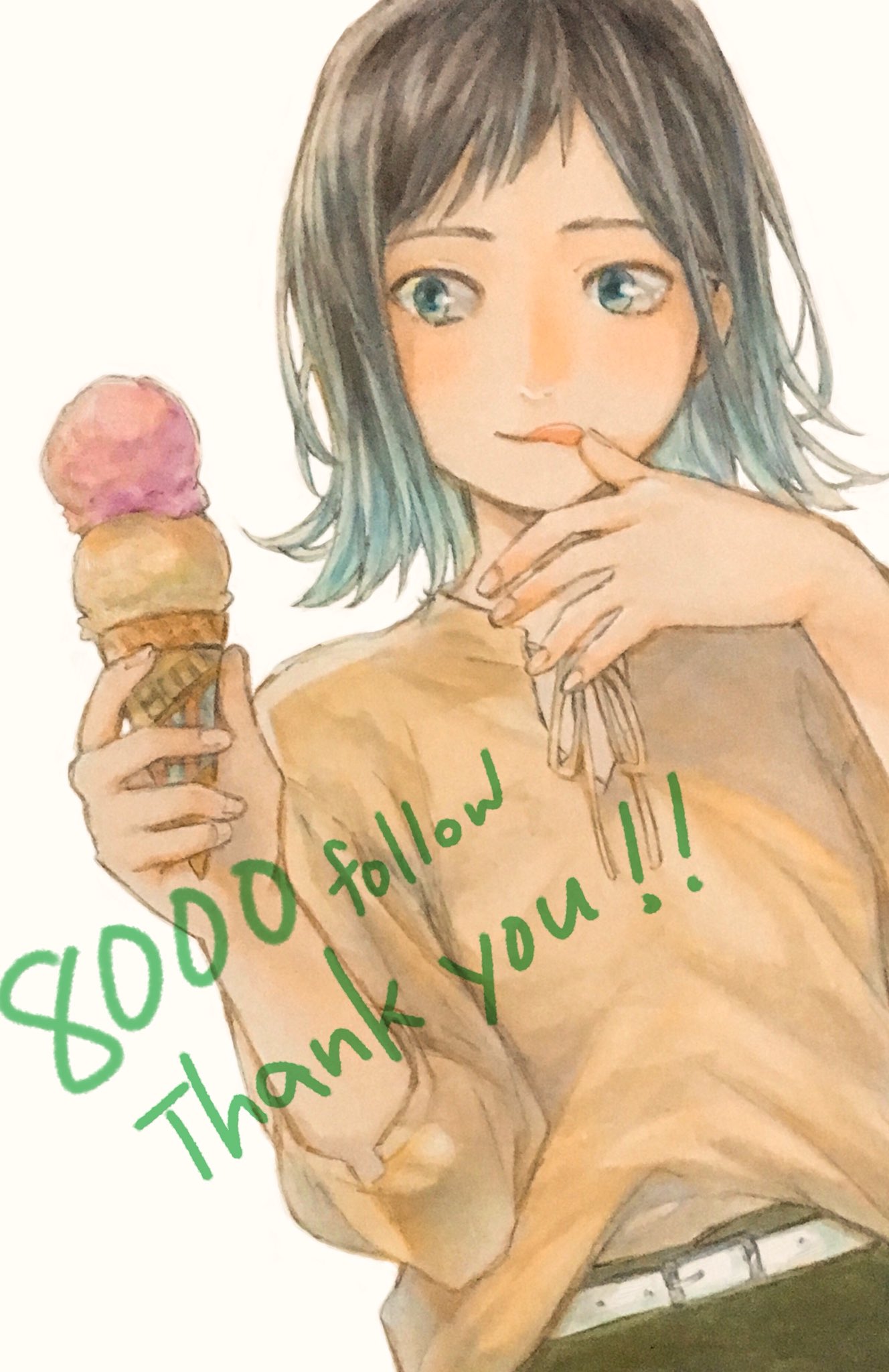 ! !! belt black_hair blue_eyes blue_hair brown_hair casual english_text fingernails food gradient_hair hand_to_own_mouth highres holding holding_food holding_ice_cream ice_cream ice_cream_cone looking_at_food matsunoha milestone_celebration multicolored_hair original ribbon shirt simple_background sleeves_past_elbows solo thank_you tongue tongue_out traditional_media white_background white_belt yellow_ribbon yellow_shirt