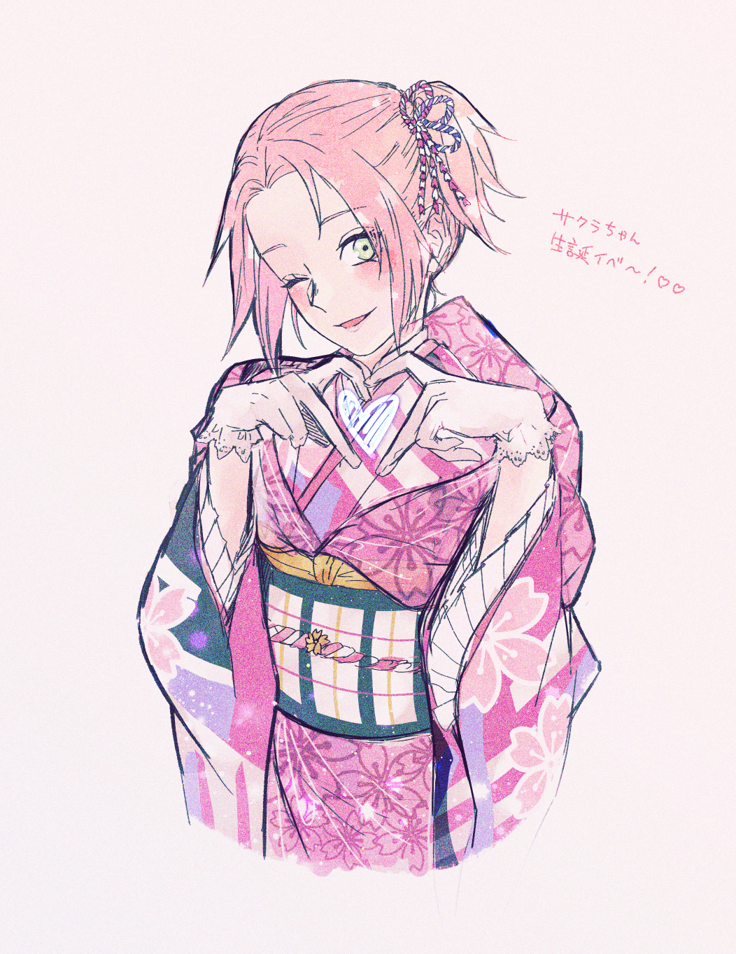 1girl ;d alternate_costume cropped_legs floral_print gloves green_eyes grey_background hair_ribbon haruno_sakura heart heart_hands highres japanese_clothes kimono long_sleeves looking_at_viewer naruto_(series) obi one_eye_closed one_side_up open_mouth pink_hair pink_kimono print_kimono ribbon sash short_hair simple_background sketch smile solo suzu_(tg_390) white_gloves wide_sleeves