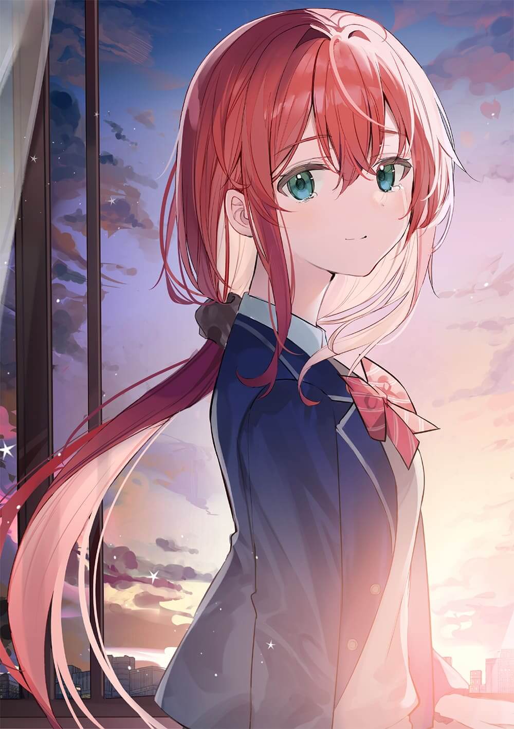 1girl aroa_(aroamoyasi) bangs blue_coat blue_sky boat bow bowtie cityscape closed_mouth clouds coat collared_shirt crossed_bangs dawn green_eyes hair_over_shoulder highres long_hair long_sleeves looking_at_viewer ocean open_clothes open_coat orange_sky original outdoors ponytail purple_sky red_bow redhead sailboat school_uniform shiny shiny_hair shirt sidelocks sky smile solo standing star_(symbol) tears upper_body watercraft white_shirt