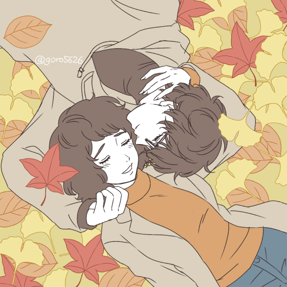 1boy 1girl amamiya_ren autumn autumn_leaves black_hair black_sweater blue_pants brown_coat brown_hoodie casual closed_eyes closed_mouth coat elm_leaf facing_another ginkgo_leaf gorojiro_(goro5626) hand_on_another's_neck hand_on_another's_shoulder hetero hood hoodie kawakami_sadayo leaf lying maple_leaf on_back on_ground orange_shirt outdoors pants parted_lips persona persona_5 rotational_symmetry shirt short_hair smile sweater teacher_and_student turtleneck turtleneck_sweater twitter_username upper_body