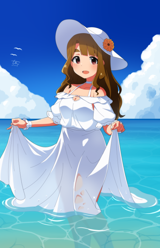 1girl bangs bird blue_sky blush breasts brown_eyes brown_hair check_commentary cleavage_cutout clothes_lift clothing_cutout clouds collarbone commentary_request dress dress_lift flower hands_up hat hat_flower idolmaster idolmaster_million_live! legs long_hair looking_at_viewer medium_breasts miyao_miya ocean on_water parted_lips puffy_short_sleeves puffy_sleeves see-through_silhouette short_sleeves sidelocks signature sky solo sun_hat thick_eyebrows thighs tun wavy_hair wet wet_clothes wet_dress white_dress white_headwear wrist_cuffs