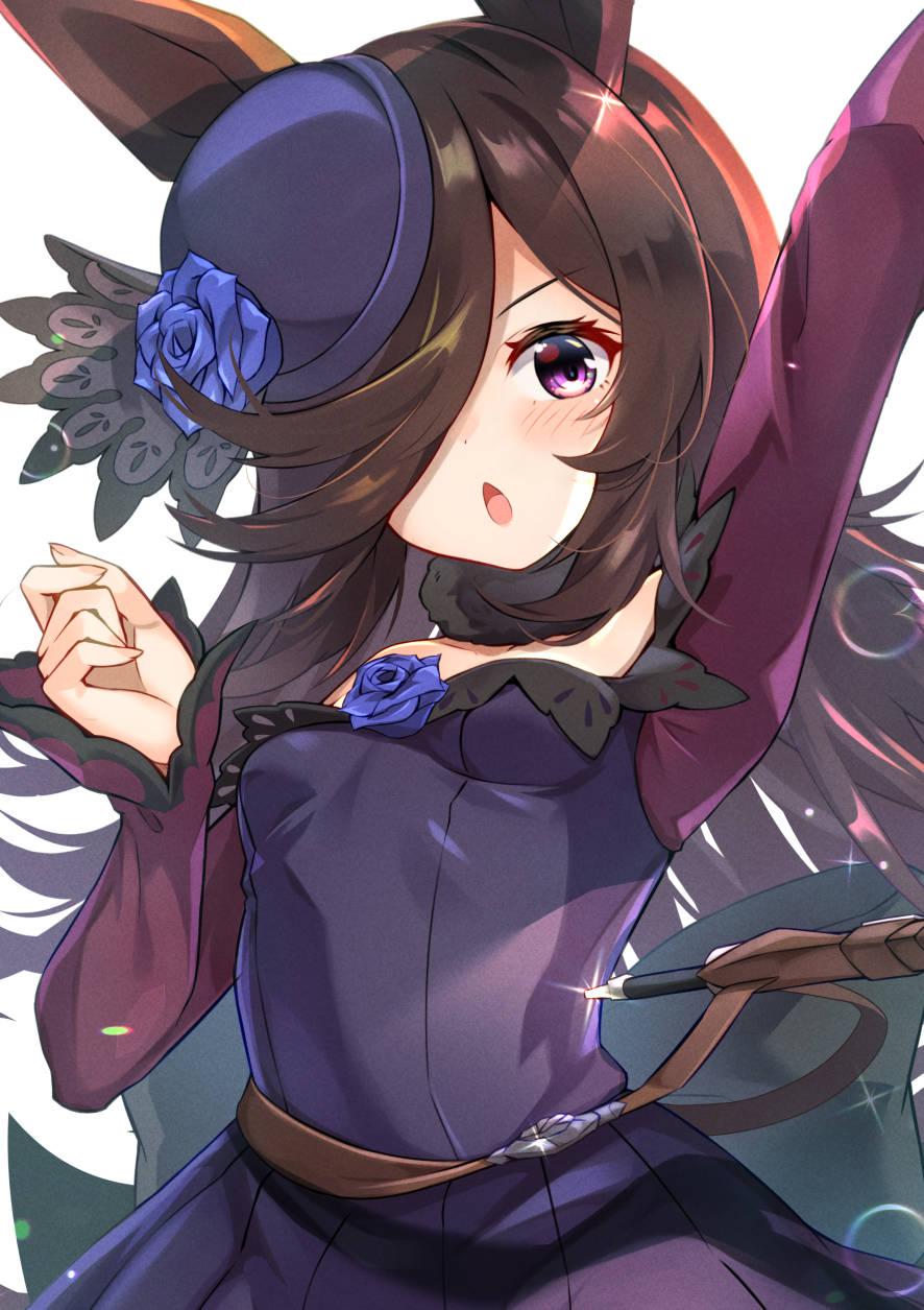 1girl animal_ears arm_up blue_flower blue_rose breasts brown_hair chestnut_mouth dagger dress flower hair_over_one_eye highres horse_ears horse_girl knife long_sleeves looking_at_viewer meyamu open_mouth purple_dress purple_headwear rice_shower_(umamusume) rose sheath sheathed simple_background small_breasts solo tilted_headwear umamusume violet_eyes weapon white_background