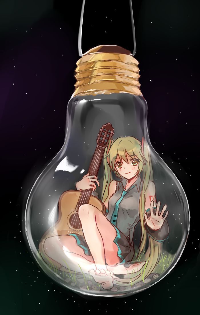 1girl 270_(woshizongg) acoustic_guitar aqua_eyes aqua_hair aqua_necktie arm_warmers bangs bare_legs barefoot black_background black_skirt black_sky chinese_commentary closed_mouth collared_shirt frilled_shirt frills grass grey_shirt guitar hatsune_miku holding holding_instrument instrument light_bulb long_hair looking_outside minigirl miniskirt necktie pebble pleated_skirt shirt shrinking sitting skirt sky sleeveless sleeveless_shirt solo star_(sky) starry_sky straight-on tattoo twintails vocaloid