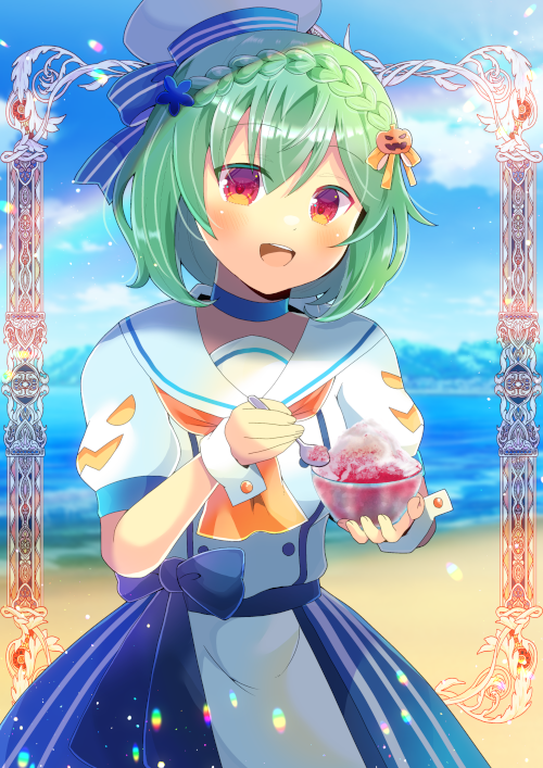 1girl :d ascot bangs beach beret blue_bow blue_flower blue_skirt blue_sky blurry blurry_background bow bowl braid clouds commentary_request commission day depth_of_field flower flower_knight_girl food green_hair hair_between_eyes hair_flower hair_ornament hat holding holding_bowl holding_spoon horns jack-o'-lantern jack-o'-lantern_hair_ornament kou_hiyoyo looking_at_viewer ocean orange_ascot outdoors pepo_(flower_knight_girl) puffy_short_sleeves puffy_sleeves red_eyes sailor_collar sand school_uniform serafuku shaved_ice shirt short_sleeves skeb_commission skirt sky smile solo spoon striped striped_bow striped_skirt vertical-striped_skirt vertical_stripes water white_headwear white_sailor_collar white_shirt