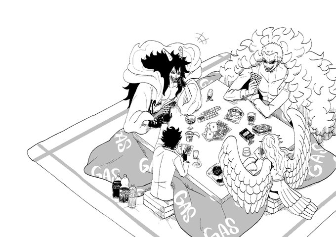 1girl 3boys caesar_clown card chips_(food) donquixote_doflamingo feather_coat fj_sakiy food greyscale harpy horns kotatsu monet_(one_piece) monochrome monster_girl multiple_boys one_piece playing_card playing_games sitting smile soda table trafalgar_law wings