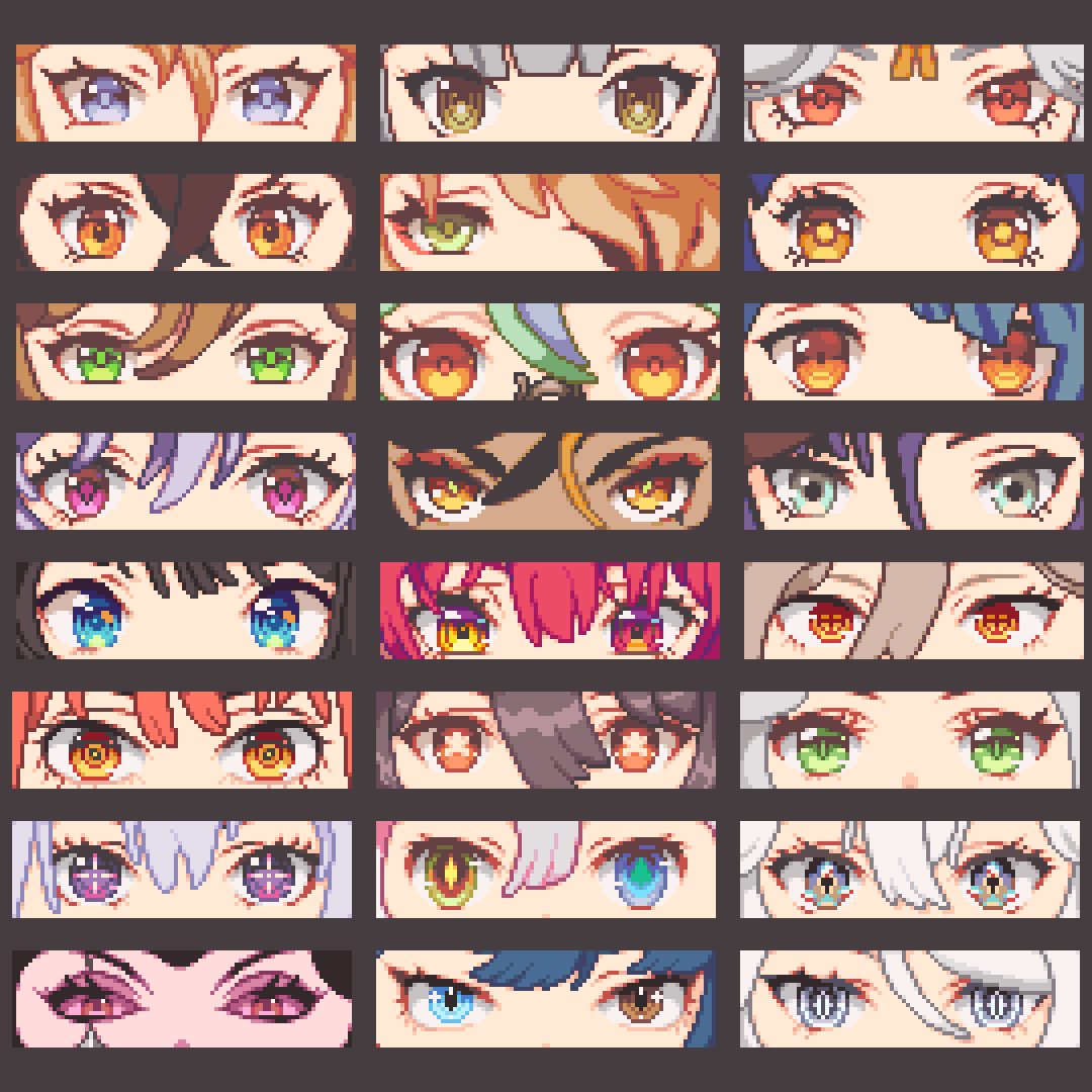 +_+ 1boy 6+girls amber_(genshin_impact) aniebodie annotation_request bangs blue_eyes brown_eyes brown_hair chainsaw_man character_request close-up colored_sclera commentary copyright_request dark-skinned_female dark_skin eye_focus eyepatch eyeshadow fischl_(genshin_impact) genshin_impact green_eyes green_hair grey_hair hair_between_eyes hair_over_one_eye heterochromia hololive houshou_marine hu_tao_(genshin_impact) jean_(genshin_impact) keqing_(genshin_impact) lisa_(genshin_impact) makeup makima_(chainsaw_man) mona_(genshin_impact) multicolored_hair multiple_girls ningguang_(genshin_impact) one_eye_covered oozora_subaru partially_annotated pink_eyes pink_sclera pixel_art red_eyes red_eyeshadow streaked_hair symbol-only_commentary vei_(vtuber) violet_eyes virtual_youtuber vshojo xiangling_(genshin_impact) xingqiu_(genshin_impact)