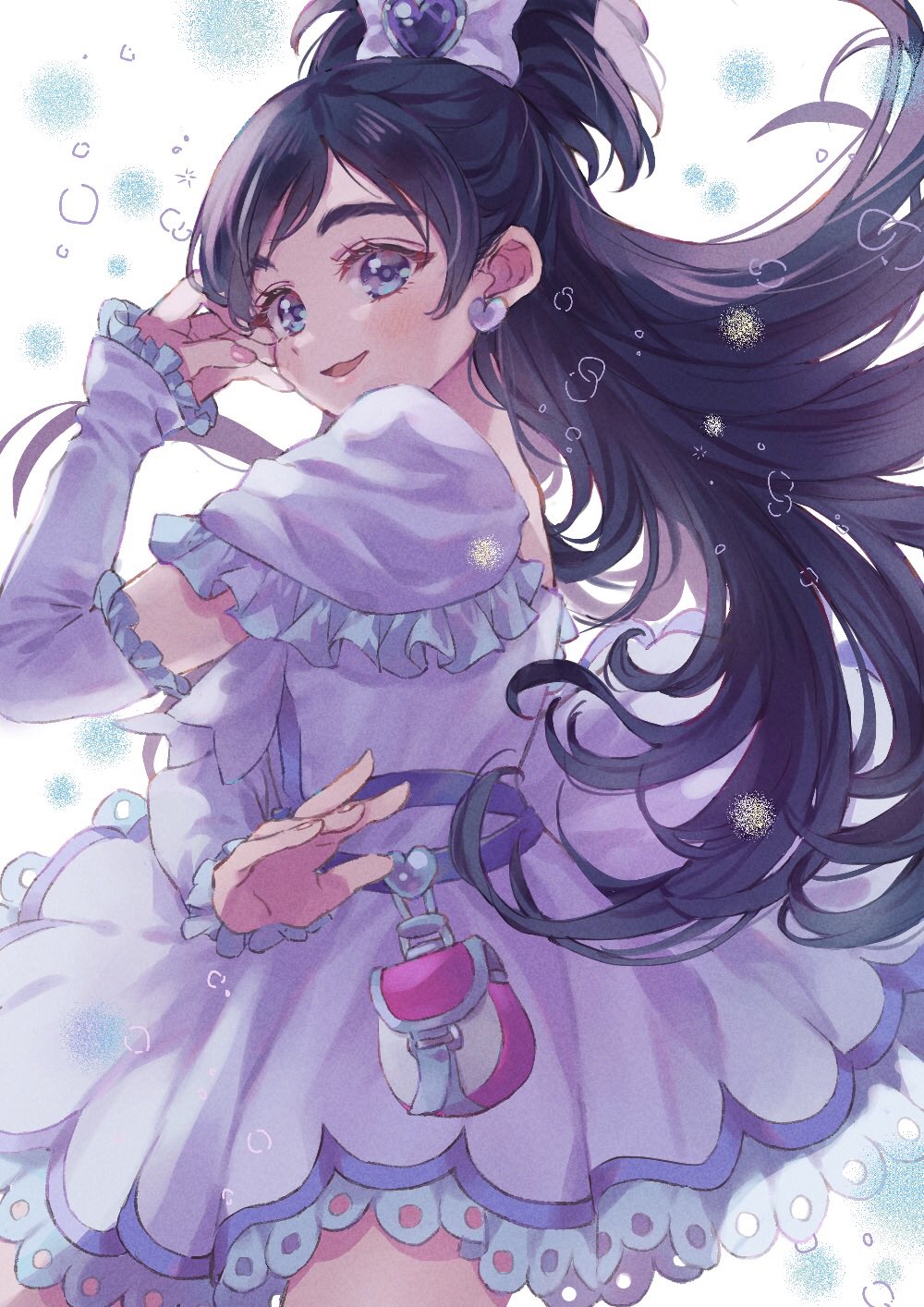 1girl black_hair cure_white cure_white_pose dress earrings futari_wa_precure gradient gradient_background hair_ornament heart heart_earrings heart_hair_ornament highres jewelry looking_at_viewer meguru_(dagmin) open_mouth pouch precure smile solo white_background white_dress yukishiro_honoka