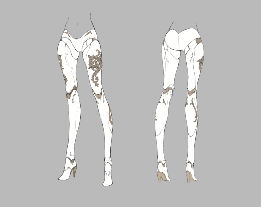 1girl android ass commentary doll_joints grey_background high_heels hito_kaiki joints legs multiple_views navel neco reference_sheet robot_joints simple_background sketch