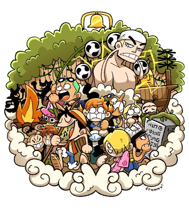 bandana bell character_request clouds enel fireplace forest frammu lightning monkey_d._luffy multiple_boys multiple_girls nami_(one_piece) nature nico_robin one_piece poneglyph roronoa_zoro sanji_(one_piece) tomoe_(symbol) tony_tony_chopper toon_(style) usopp very_long_ears