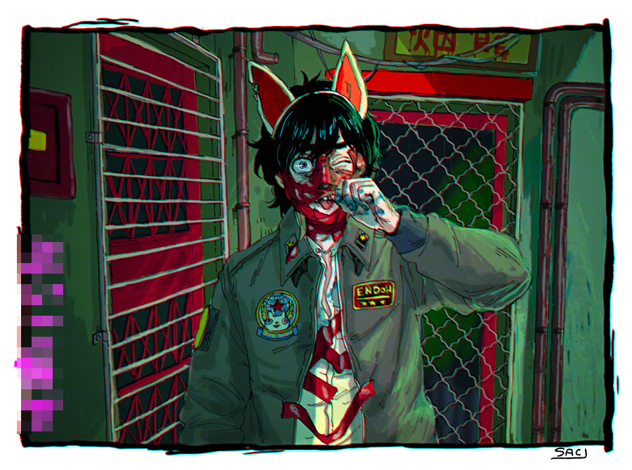 1boy animal_ears black_hair blue_eyes censored_text collared_shirt door fake_animal_ears fence finger_in_own_mouth hand_up industrial_pipe jacket kaneoya_sachiko liquid male_focus one_eye_closed original shirt solo tape tongue tongue_out