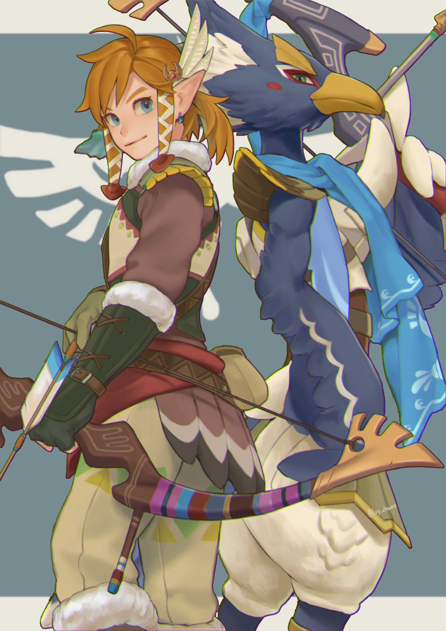 2boys arrow_(projectile) bangs blonde_hair blue_eyes bow_(weapon) brown_gloves brown_pants earrings feather_hair_ornament feathers feet_out_of_frame fingerless_gloves from_side fur-trimmed_gloves fur_collar fur_trim furry furry_male gloves grey_background hair_ornament hair_ribbon highres holding holding_arrow holding_bow_(weapon) holding_weapon ivy_(sena0119) jewelry link long_sleeves male_focus medium_hair multiple_boys pants pointy_ears ponytail revali ribbon rito snowquill_set_(zelda) the_legend_of_zelda the_legend_of_zelda:_breath_of_the_wild tress_ribbon weapon white_background