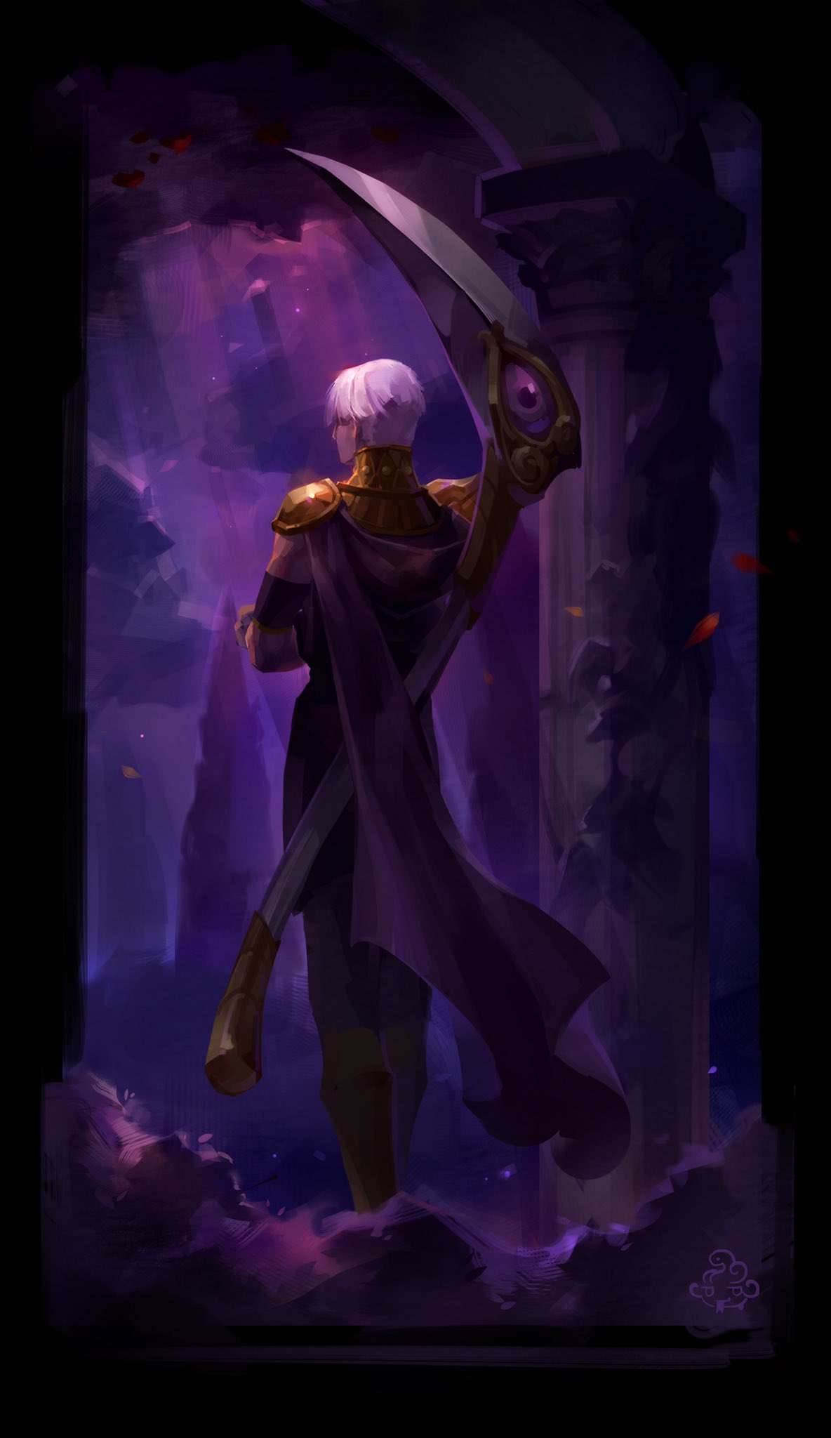 1boy cape column crossed_arms from_behind full_body gold hades_(game) highres light_rays looking_away madeinasphodel male_focus pillar purple_theme scythe short_hair solo standing sunbeam sunlight thanatos_(hades) white_hair