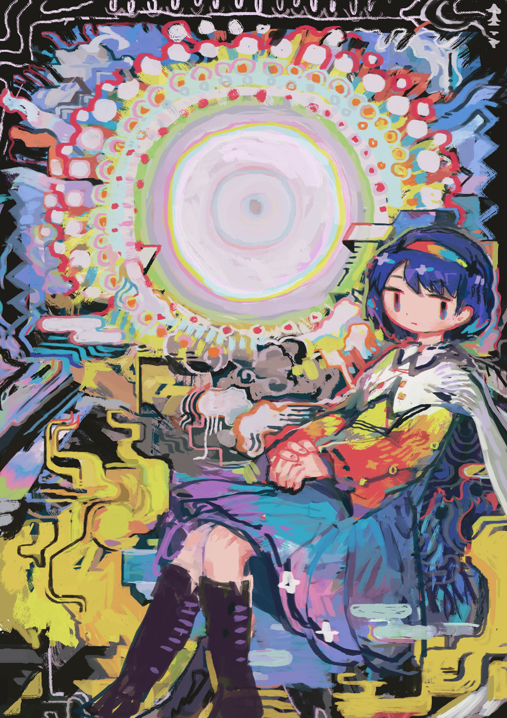 1girl abstract abstract_background black_footwear blue_eyes blue_hair blue_skirt blush boots cape closed_mouth commentary fingernails full_body highres hito_(nito563) looking_at_viewer multicolored_hairband own_hands_together red_shirt shirt short_hair sitting skirt tenkyuu_chimata touhou two-tone_shirt white_cape yellow_shirt |_|